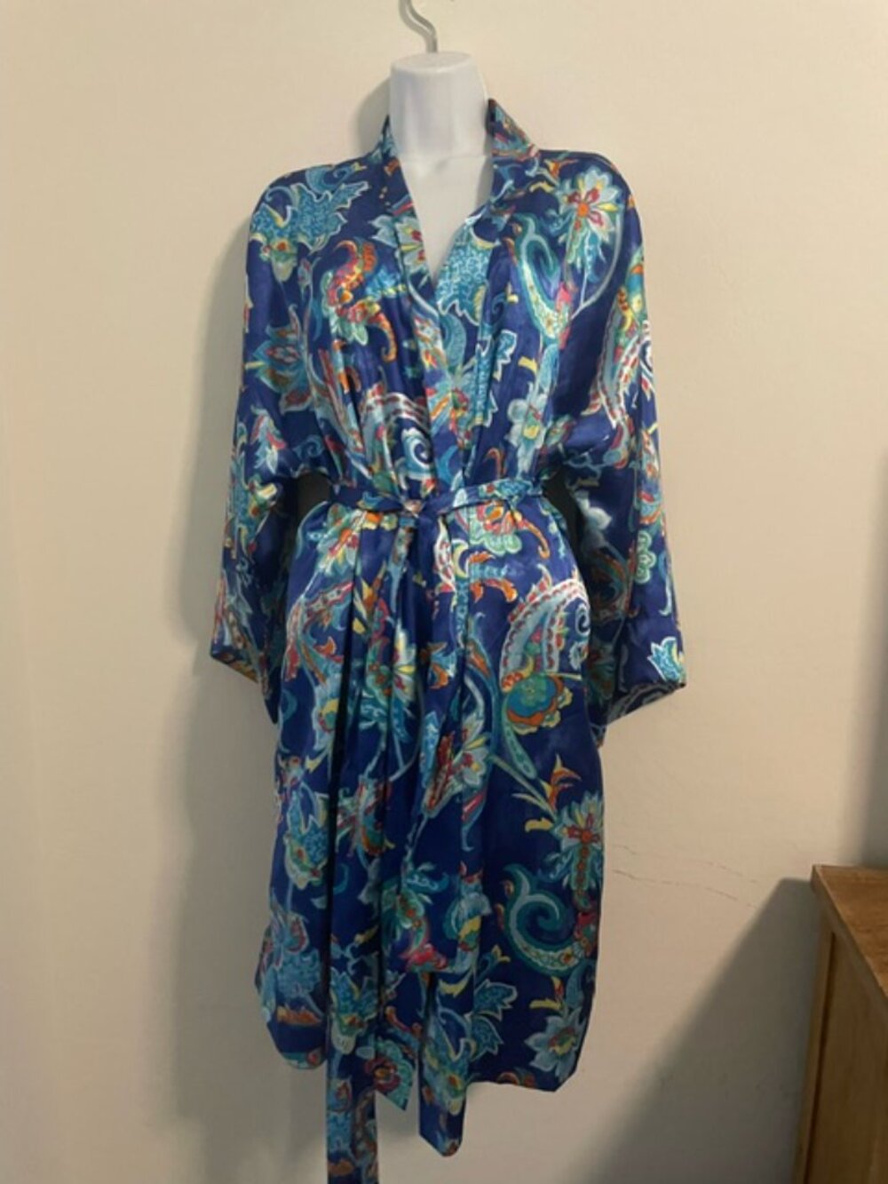 Ralph Lauren LG Blue Paisley Floral Satin Wrap Kimono Tie Front Robe-EUC